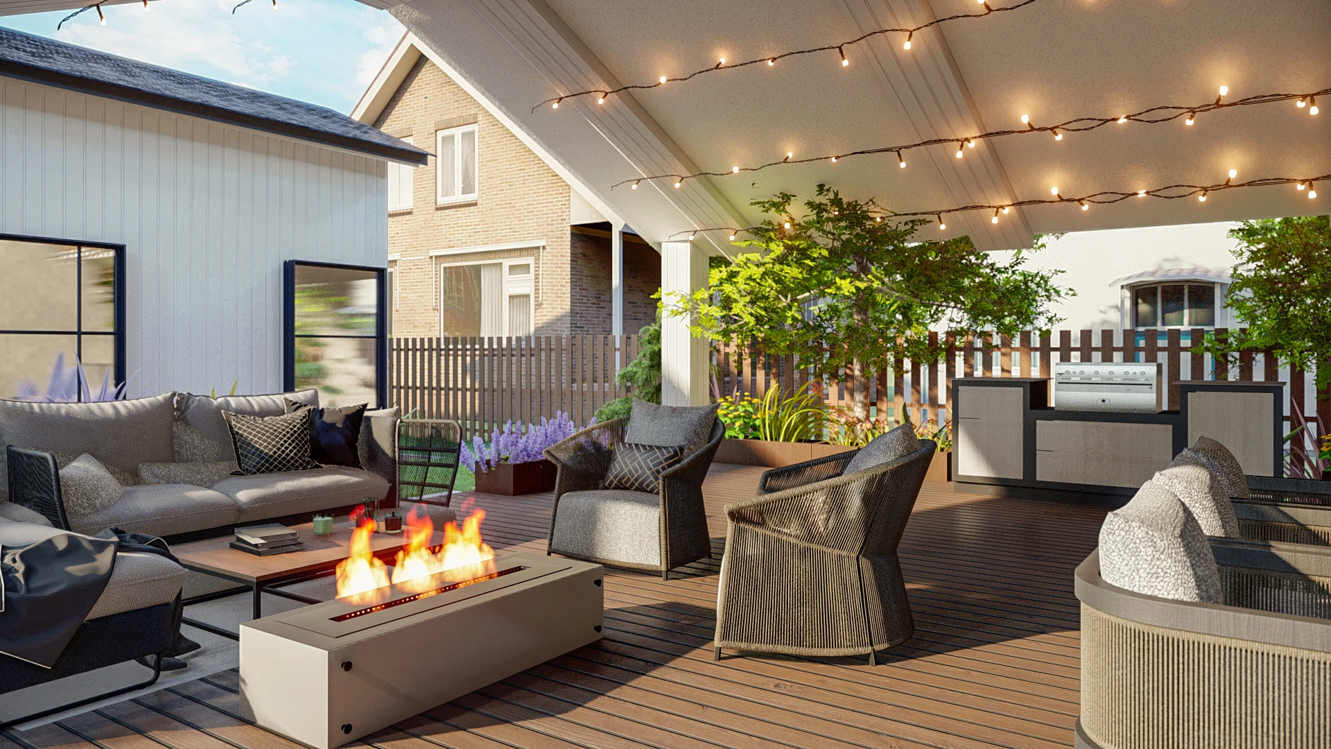 A modern outdoor living space with a sleek fire pit, comfortable seating, and lush landscaping.